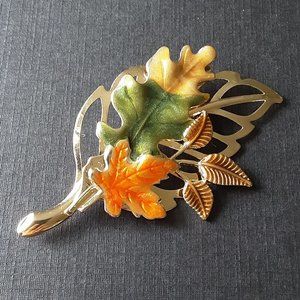 Vintage Gold Tone KC Kenneth Cole Enamel Autumn Leaves Pin Brooch
